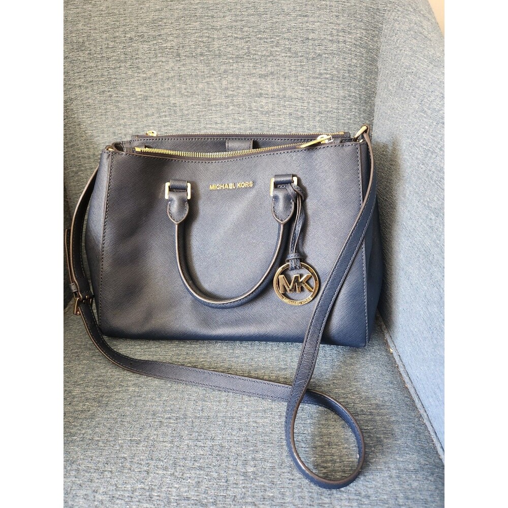 Michael Kors "Sutton" Medium Satchel Bag Navy Blue Leather Gold-Toned Hardware